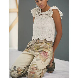 Anthropologie Bishop‎ + Young Crochet Crop Top Ivory Boho Cottage sz L